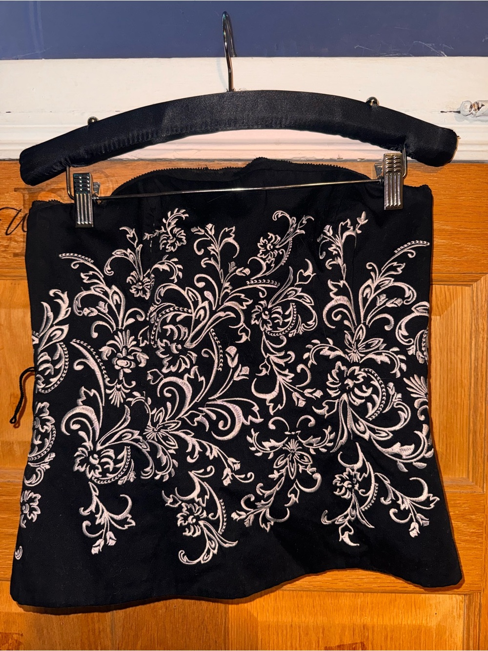 White House Black Market Black Crop Top with White Floral Embroidery